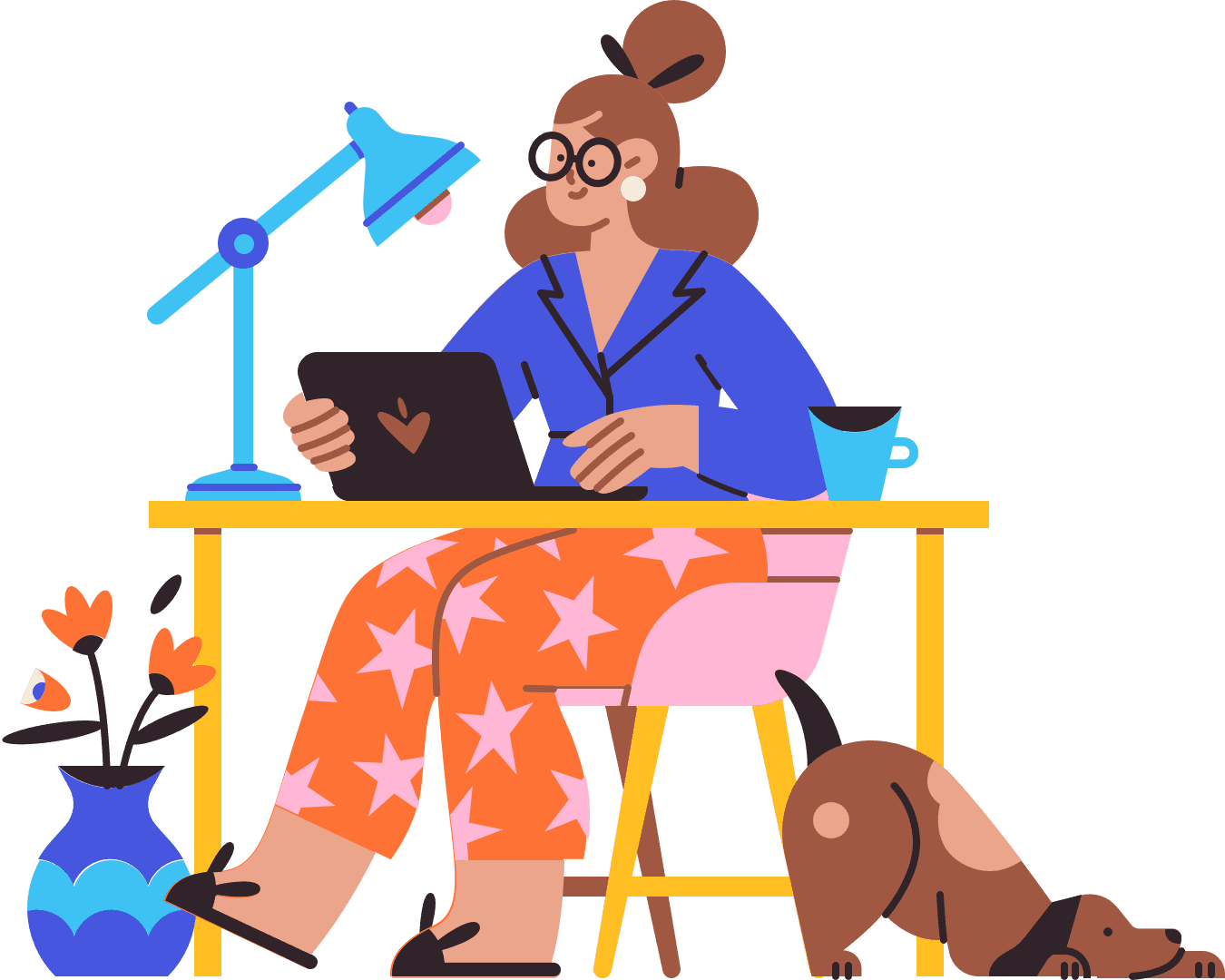 Illustration of person sitting at a desk with an open laptop and a dog on the floor